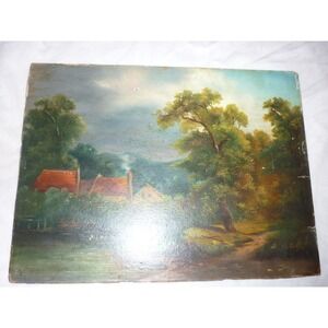 Antique Oil Landscape Painting Rustic Countryside‎ Village River Scene Art 9x12"